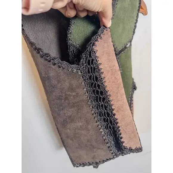 Vintage Patchwork Suede Leather Look Vest Crochet Trim Boho Western Medium
